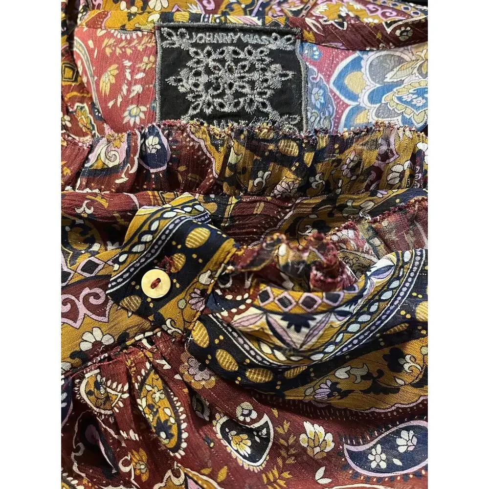 Johnny Was Epsilon Paisley Peasant Top 2X Boho Chic Colorful Sheer Pintuck Jade